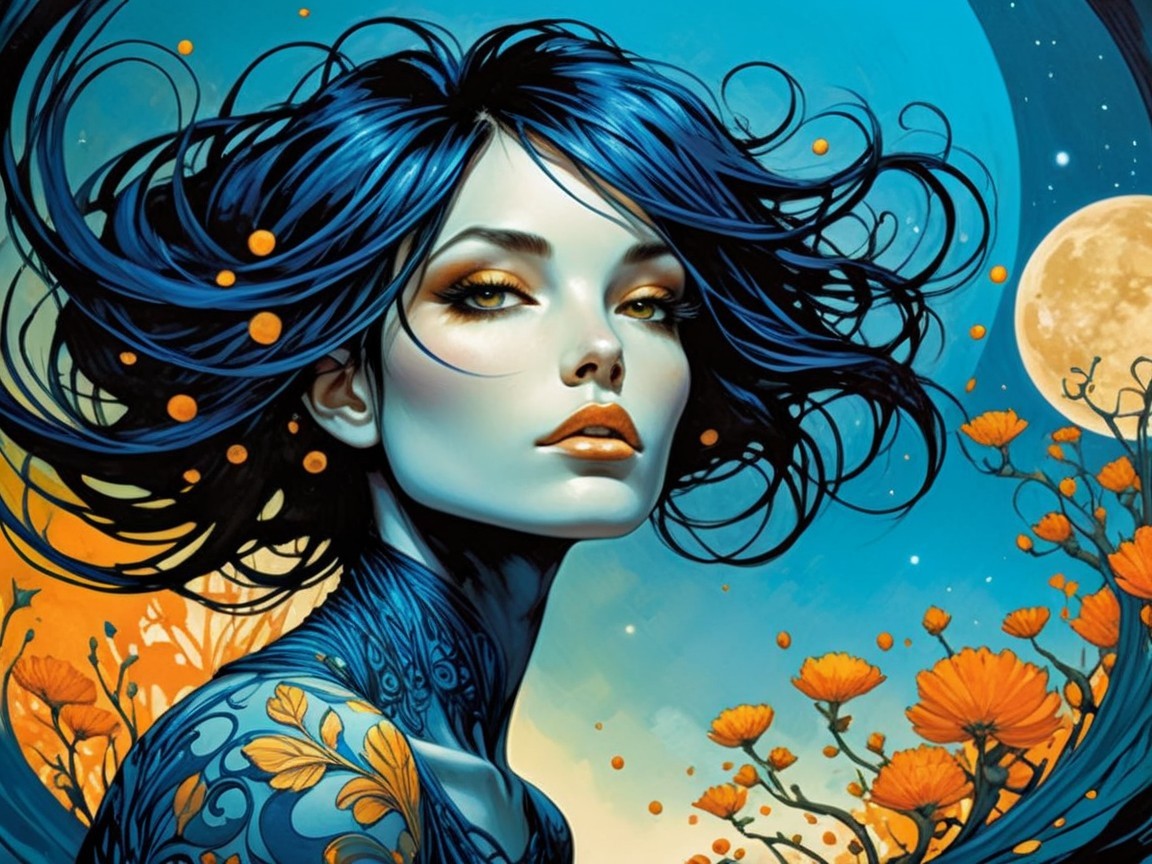 Illustration of a Young Woman with Blue Hair and Moon
