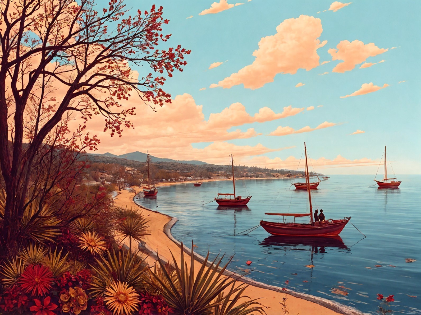 Tranquil Coastal Scene with Autumn Beach and Boats