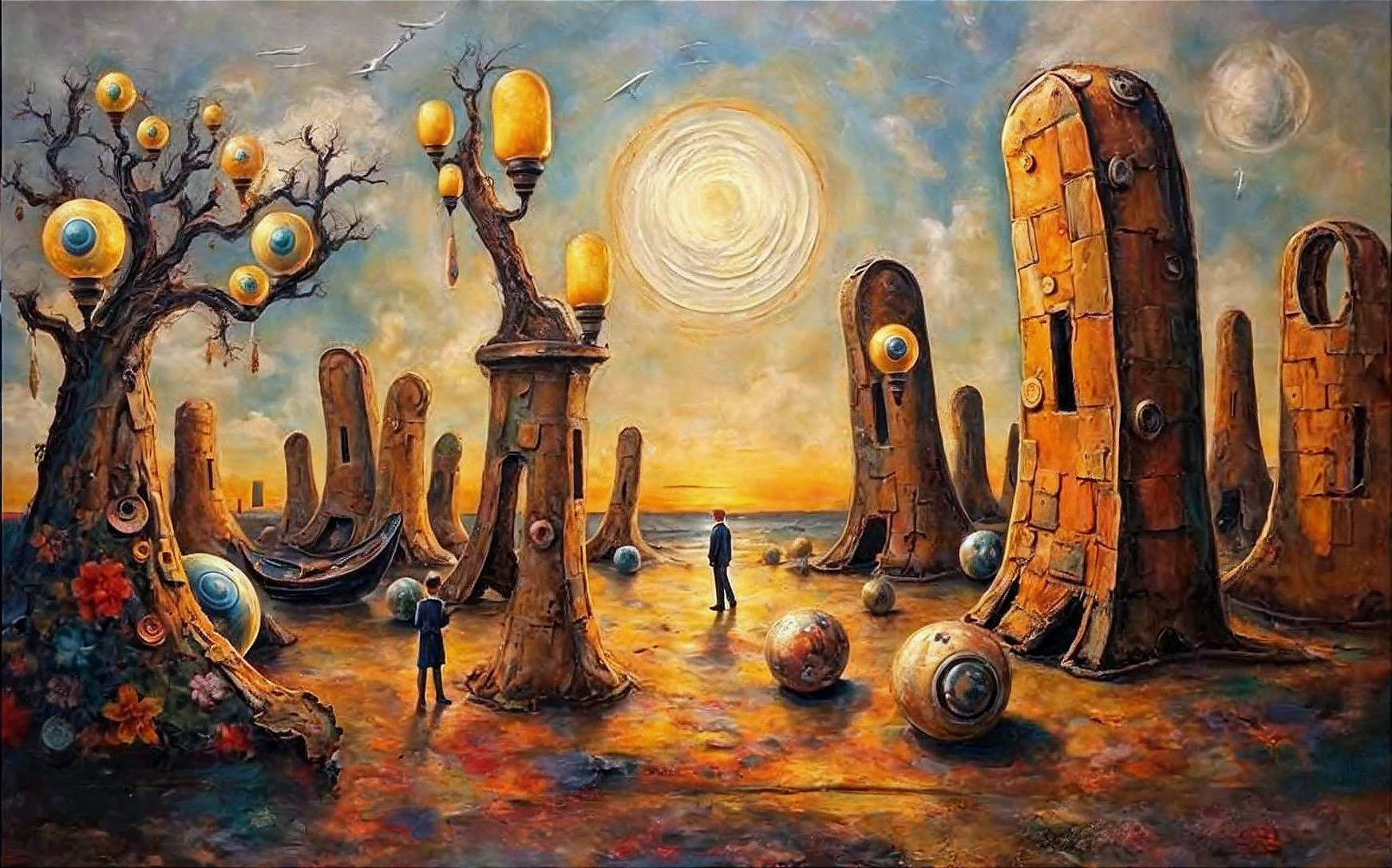 Surreal Landscape with Obelisks and Dreamlike Elements