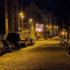 Moonlit Street with Quaint Houses and Vintage Lamps
