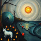 Surreal Landscape with Bright Sun and Ghostly Creature