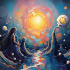 Mystical Cosmic Landscape with Woman and Celestial Orbs