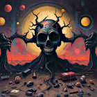 Surreal Painting of Giant Skeletal Face in Cosmic Landscape