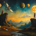 Surreal Landscape with Mountains, Stream, and Planets