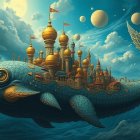 Giant Fish with City on Back in Dreamlike Landscape