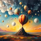 Vibrant Landscape with Sunset and Hot Air Balloons