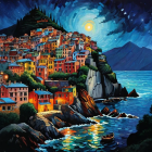 Coastal Village at Night with Colorful Buildings and Moon