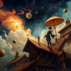 Whimsical Scene with Figure and Cosmic Backdrop