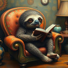 Sloth Reading in Vintage Armchair with Cozy Decor