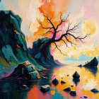 Vibrant sunset over water with rocky shore and tree