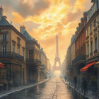 Parisian Street Scene at Dusk with Eiffel Tower