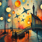 Vibrant Dreamlike Scene with Colorful Sky and Bridge