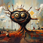 Surreal Landscape with Whimsical Tree and Fantastical Elements