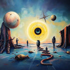 Surreal Landscape with Towering Trees and Floating Spheres