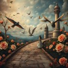 Young girl in blue dress on rose-lined stone path