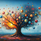 Vibrant tree with colorful orbs against dreamy sky