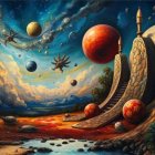 Surreal Landscape with Celestial Bodies and Structures