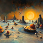 Surreal Landscape with Towering Rock Formations and Sun