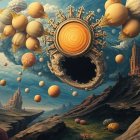 Surreal Landscape with Floating Planets and Vibrant Colors