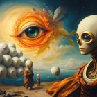 Surreal landscape with humanoid figure and fiery eye