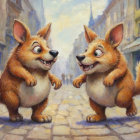 Cartoon Corgis Play in Quaint Cobblestone Street