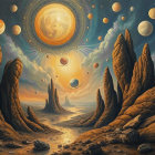 Cosmic Landscape with Rocky Formations and River