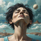 Young Woman in Serene Pose Against Dramatic Sky