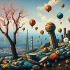 Whimsical Landscape with Pink Tree and Hot Air Balloons