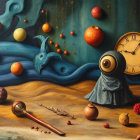 Surreal Landscape with Blue Waves and Floating Orbs