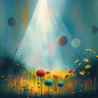 Ethereal Landscape with Colorful Flowers and Celestial Bodies