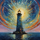 Lighthouse on Rocky Isle at Sunset Over Ocean