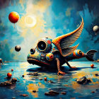 Surreal Landscape with Whimsical Fish and Celestial Bodies