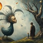 Surreal Landscape with Giant Bird Creature and Children