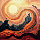 Lone Figure on Jagged Mountain at Dramatic Sunset