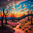 Serene Dusk Landscape with Hills and Silhouetted Figures