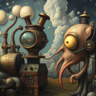 Surreal Landscape with Cartoonish Octopus and Machine