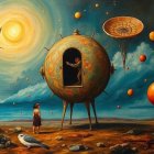 Whimsical landscape with globe structure and vibrant sky