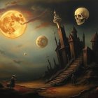 Surreal Landscape with Haunted Mansion and Celestial Bodies