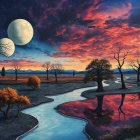 Surreal landscape with vibrant sky and moons