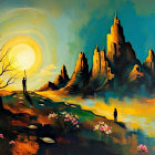 Vibrant Otherworldly Landscape with Two Suns and Trees
