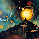 Surreal Cosmic Landscape with Crescent Moon and Nebula