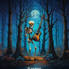 Skeleton Playing Guitar in Mystical Moonlit Forest