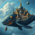 Giant Blue Fish with Castle in Dreamy Sky Scene