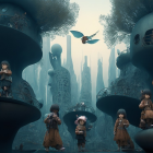 Children in a surreal landscape with organic structures