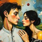 Surrealist Painting of a Man and Woman in Profile