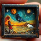 Miniature Scene of Figure with Umbrella by Shore