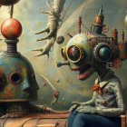 Surreal Scene with Mechanical Character and Robot Figure