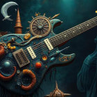 Intricate Steampunk Electric Guitar in Fantasy Landscape