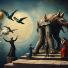 Surreal Landscape with Ornate Elephant and Figures
