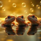 Vibrant Lizards Interacting in Tranquil Water Scene